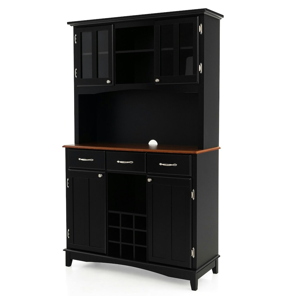 image 1 of COSTWAY Kitchen Cupboard with Adjustable Shelves and Drawers Black