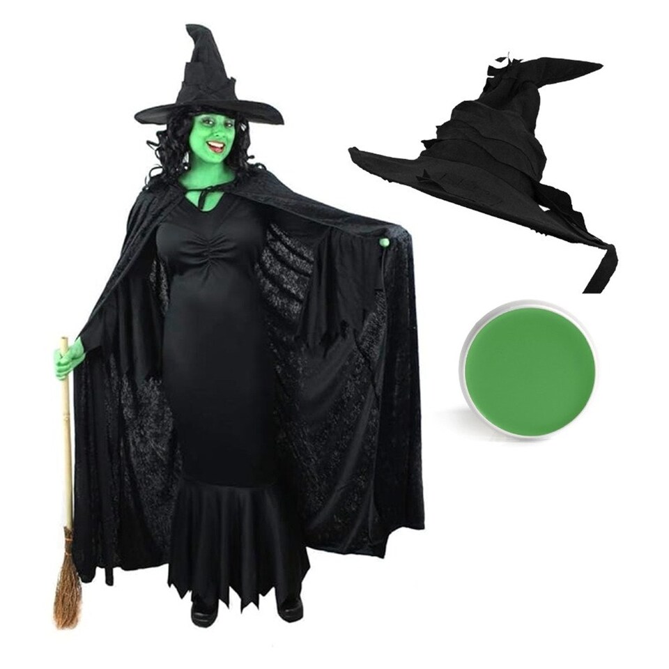 image 1 of Wicked Witch Halloween Costume - Cape, Dress, Hat & Face Paint | Black | XL