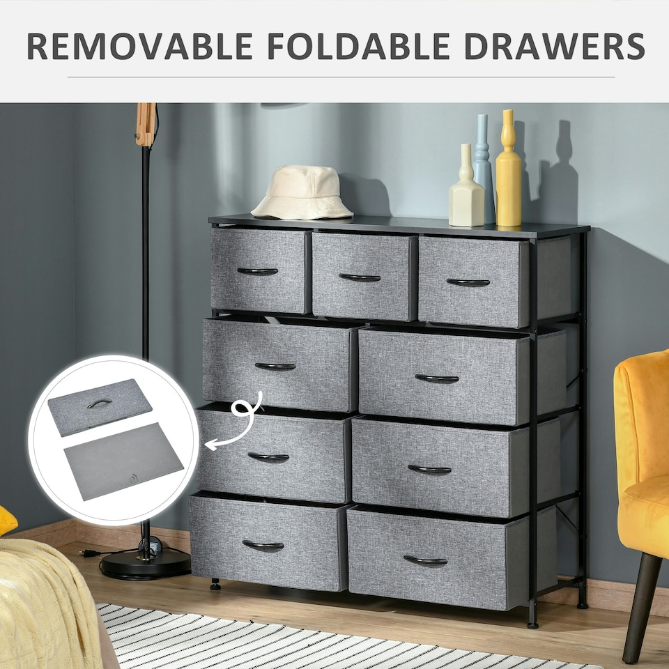 image 1 of HOMCOM 9 Drawers Storage Chest Dresser Organizer Unit w/ Foldable Bin