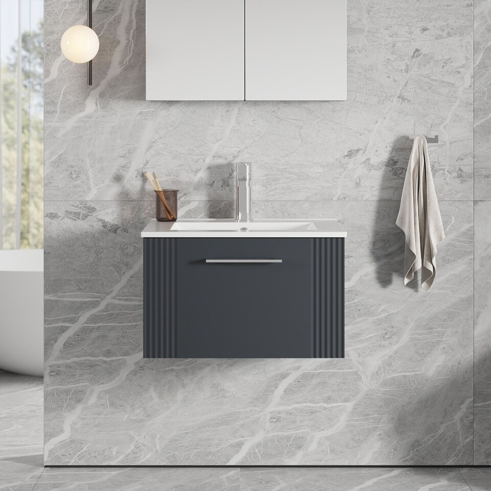 image 1 of Balterley Partial Fluted 1 Drawer Wall Hung Vanity Unit with 1 Tap Hole Minimalist Basin | Grey | Satin Soft Black