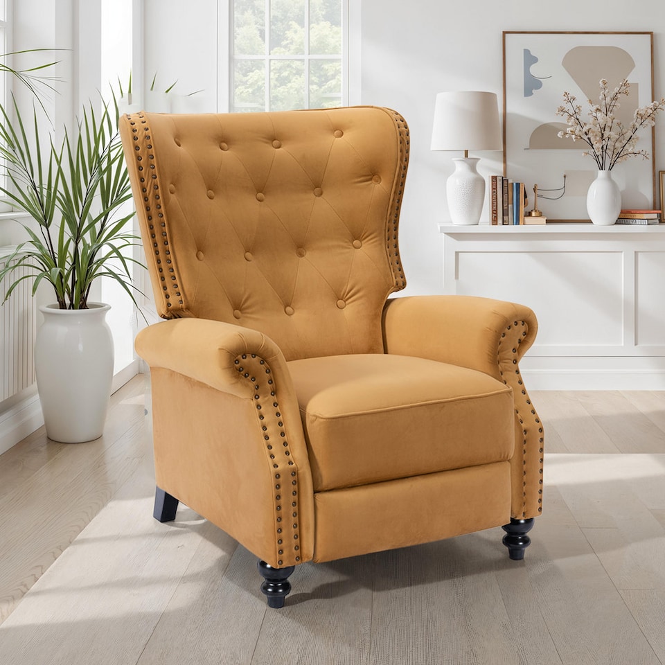 image 1 of Velvet Gold Buttoned Carmona Wingback Recliner Chair