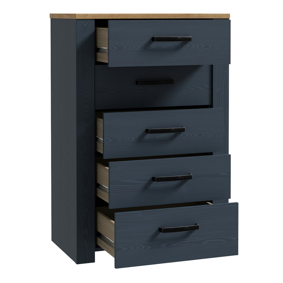 image 1 of Bohol 5 Drawer Narrow Chest in Riviera Oak/Navy