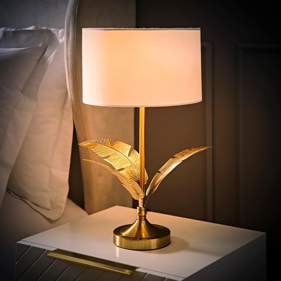 image 1 of ValueLights Christina Gold Palm Leaf Table Lamp White Shade and Bulb
