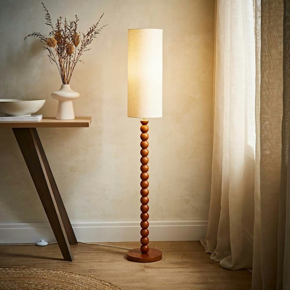 image 1 of ValueLights Wyatt Natural Linen Tall Lamp Shade Walnut Wood Bobbin Floor Lamp | Cream