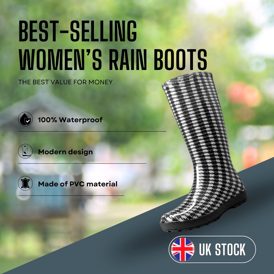 image 1 of Hawai Lady Women's Black Houndstooth PVC Rain Wellies EU36