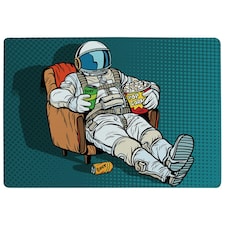 Astronaut the audience with beer and popcorn sitting in a chair. loneliness in space. Pop art retro (Rug) Cream | S