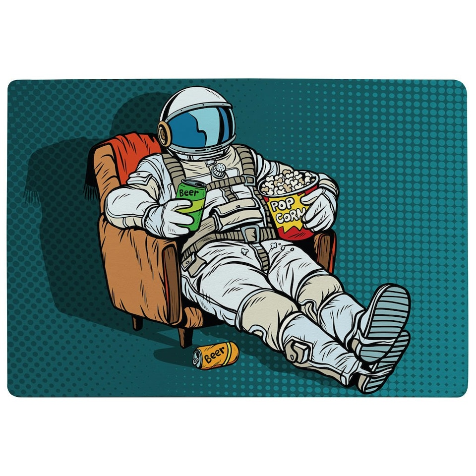 image 1 of Astronaut the audience with beer and popcorn sitting in a chair. loneliness in space. Pop art retro (Rug) Cream | S