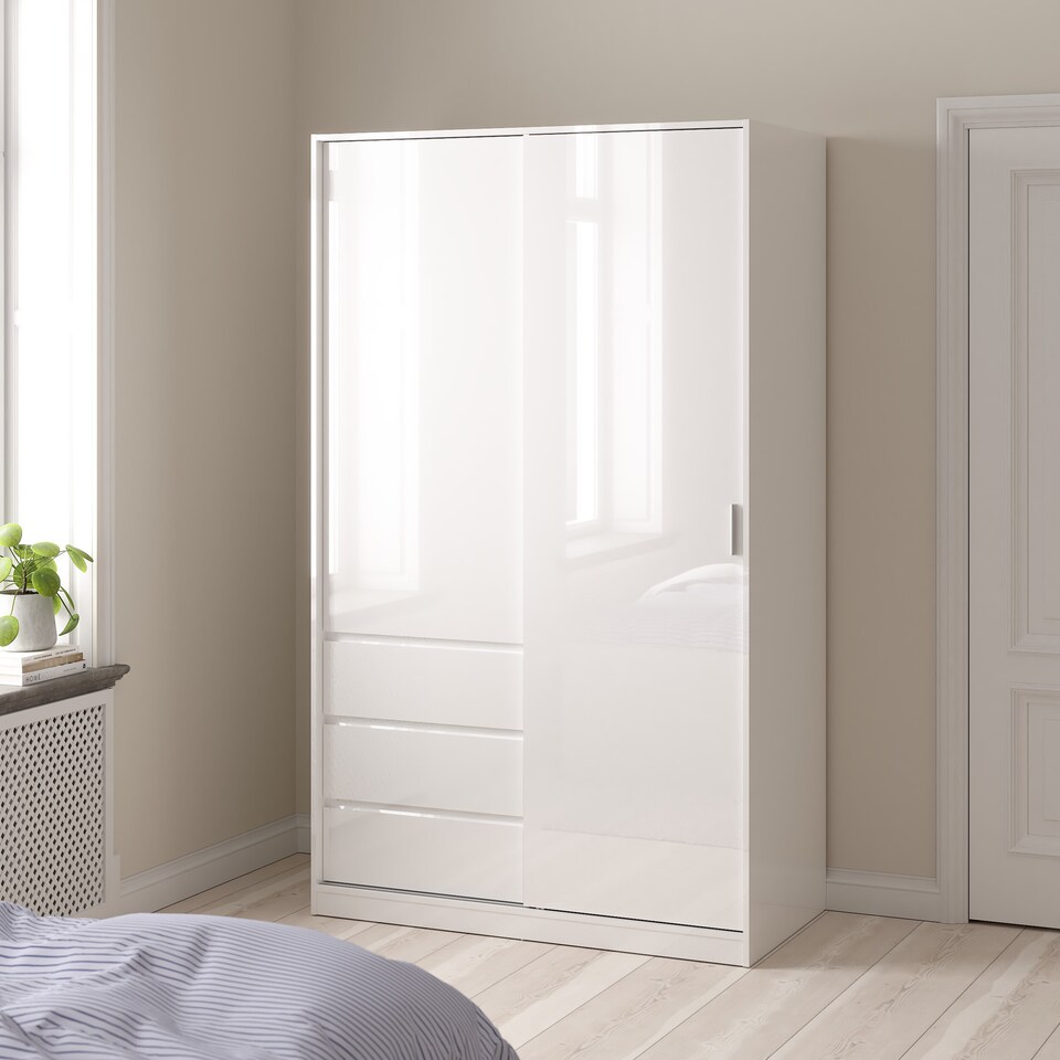 image 1 of Naia Wardrobe with 1 Sliding Door 1 Door 3 Drawers in White High Gloss