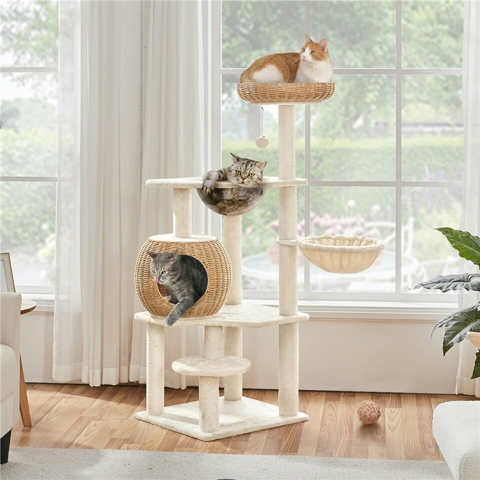 image 1 of Yaheetech 137.5 cm Tall Woven Rattan Cat Nest Beige