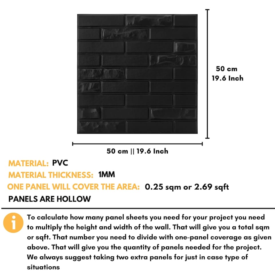 image 1 of NOVECRAFTO Brick Effect 3D Wall Panels – 6 Sheets Covering 1.5m² | 16.15ft² Interior Cladding Set | Urban Brick Design – Each Panel 50x50cm Urban Brick Black