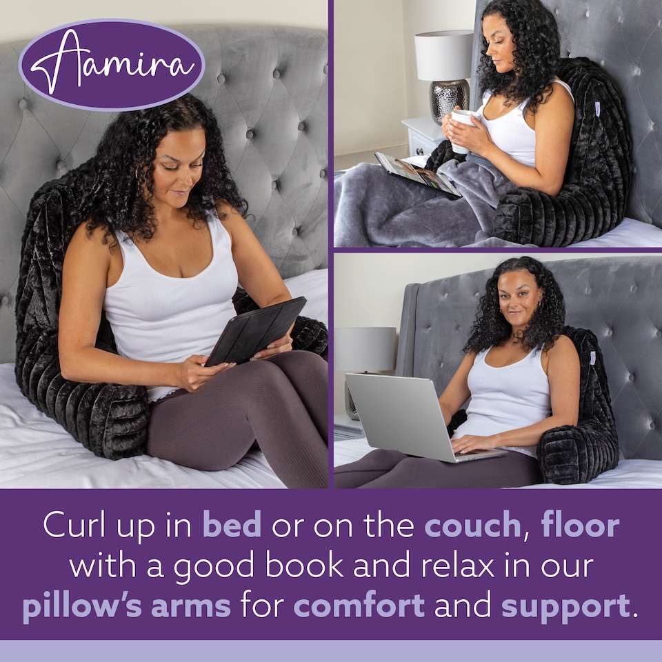 image 1 of Aamira Reading Pillow Black Faux Fur Ribbed Memory Foam Support Cushion | Black | Black | Standard | 1