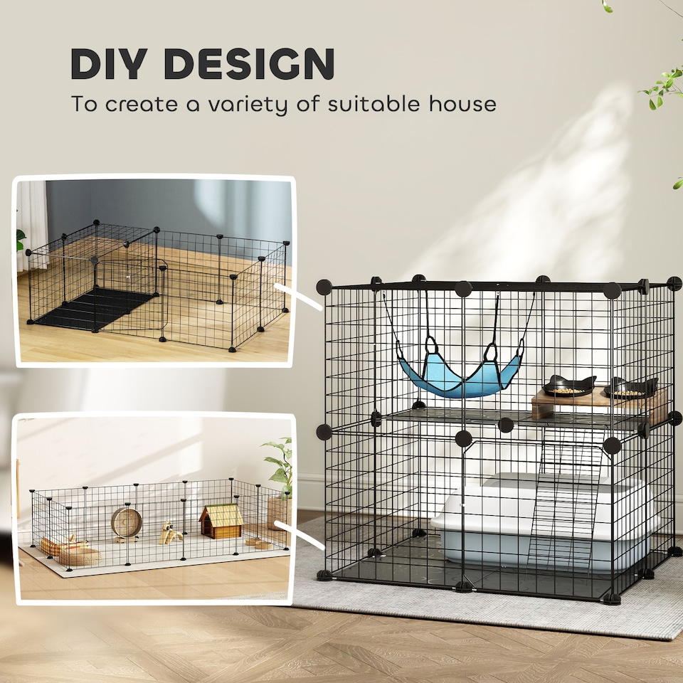 image 1 of PawHut Indoor Cat Cage with DIY Customizable Design Black | Black | Black | S