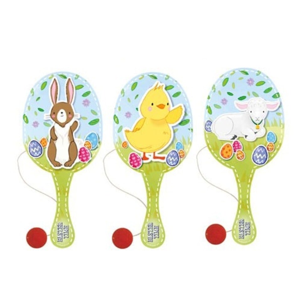 Assorted Easter Wooden Paddle Bat With Ball 22cm