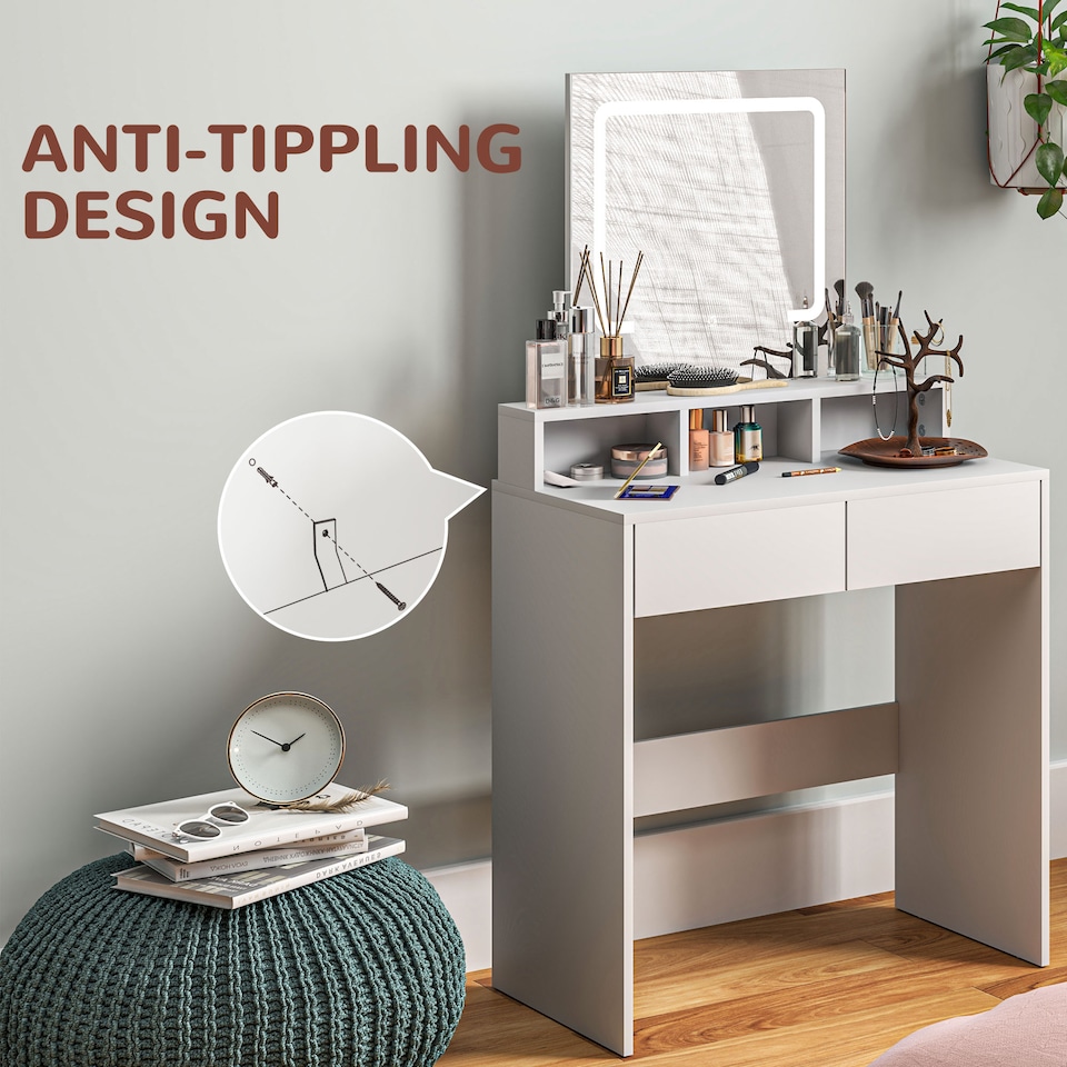 image 1 of HOMCOM Dressing Table with Mirror and LED Lights, Vanity Table with 2 Drawers, 3 Compartments, 3 Colour Lighting, for Bedroom, Modern Dresser Makeup Desk for Women and Girls, White