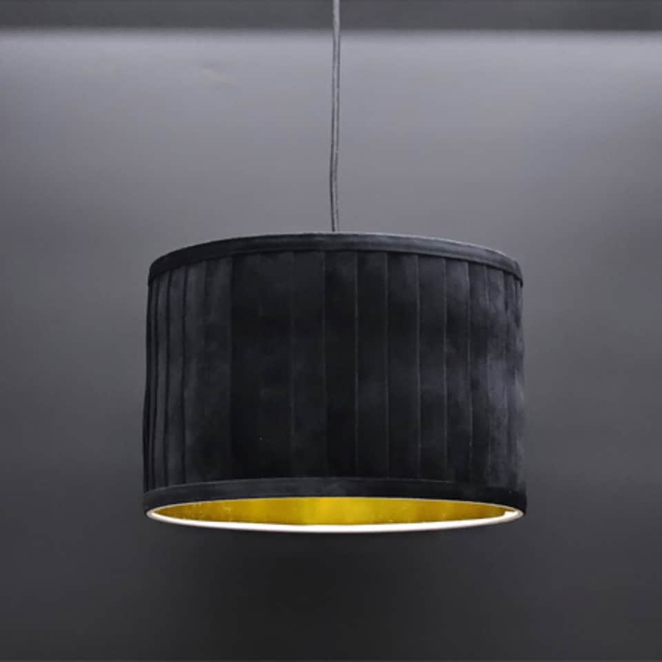 image 1 of Set of 2 Sundance - Black Pleated 30cm Lamp Shades with Gold Inner | Black | Black velvet with gold cardboard inner detail | 2
