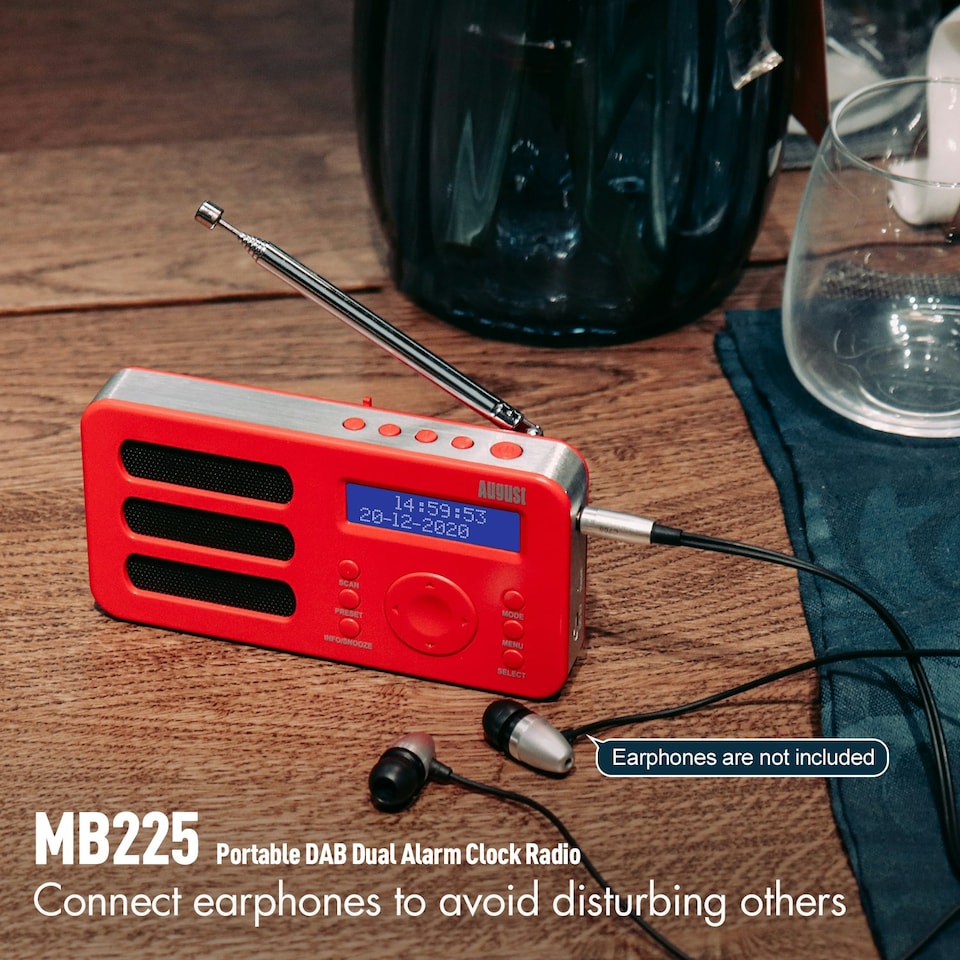 image 1 of Portable DAB, DAB+, FM Radio Alarm Clock with Built-In Rechargeable Battery + RDS, DRC, Prune & AUX Output - August MB225R