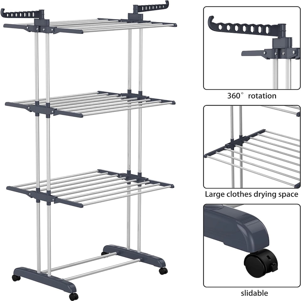image 1 of Gr8 Home Large Tower Clothes Airer 3 Tier Folding Drying Rack Towel Dryer Laundry Horse