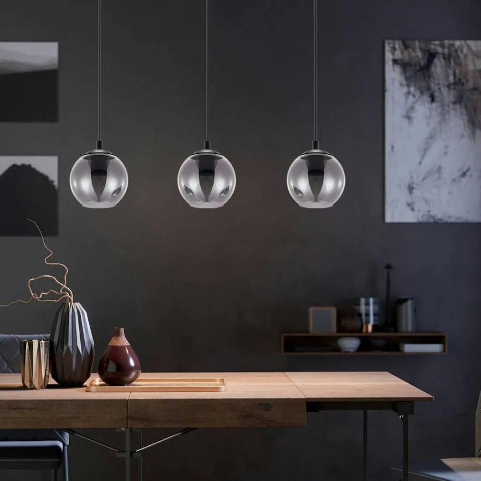 image 1 of Aleksander 3 Light Black & Smoked Glass Pendant Ceiling Light