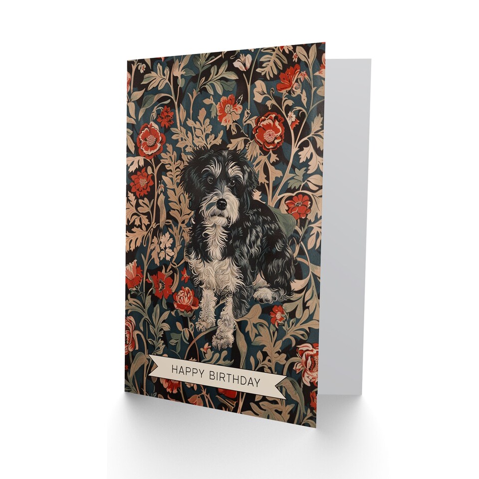 image 1 of Vintage Floral Pattern Yorkie Portrait Dog Lover Birthday Card