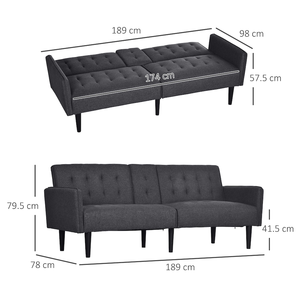 image 1 of HOMCOM Click Clack Sofa Bed, Linen-Feel Fabric 3 Seater Sofa for Living RoomSpare RoomGuest Room, Bed Settee with Cup Holders, Grey