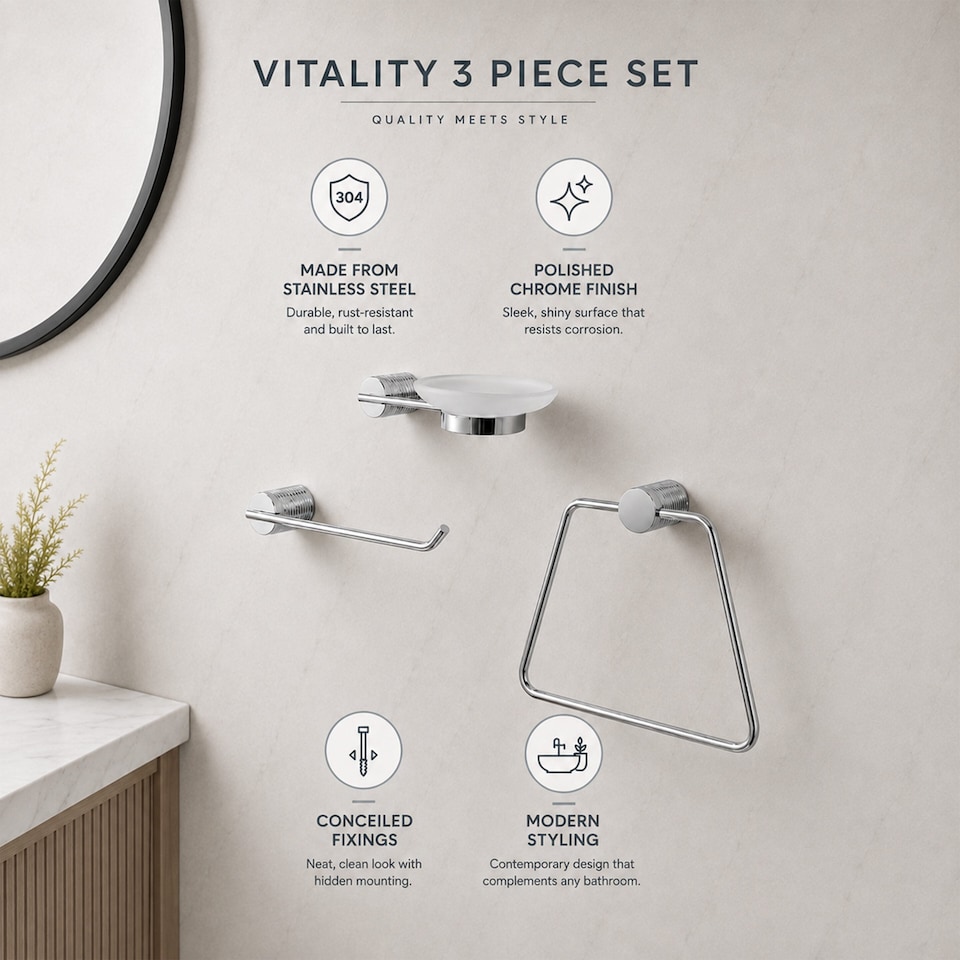 image 1 of Showerdrape Vitality Chrome Stainless Steel Wall Mounted 3 Piece Bathroom Accessory Set | Silver | 1