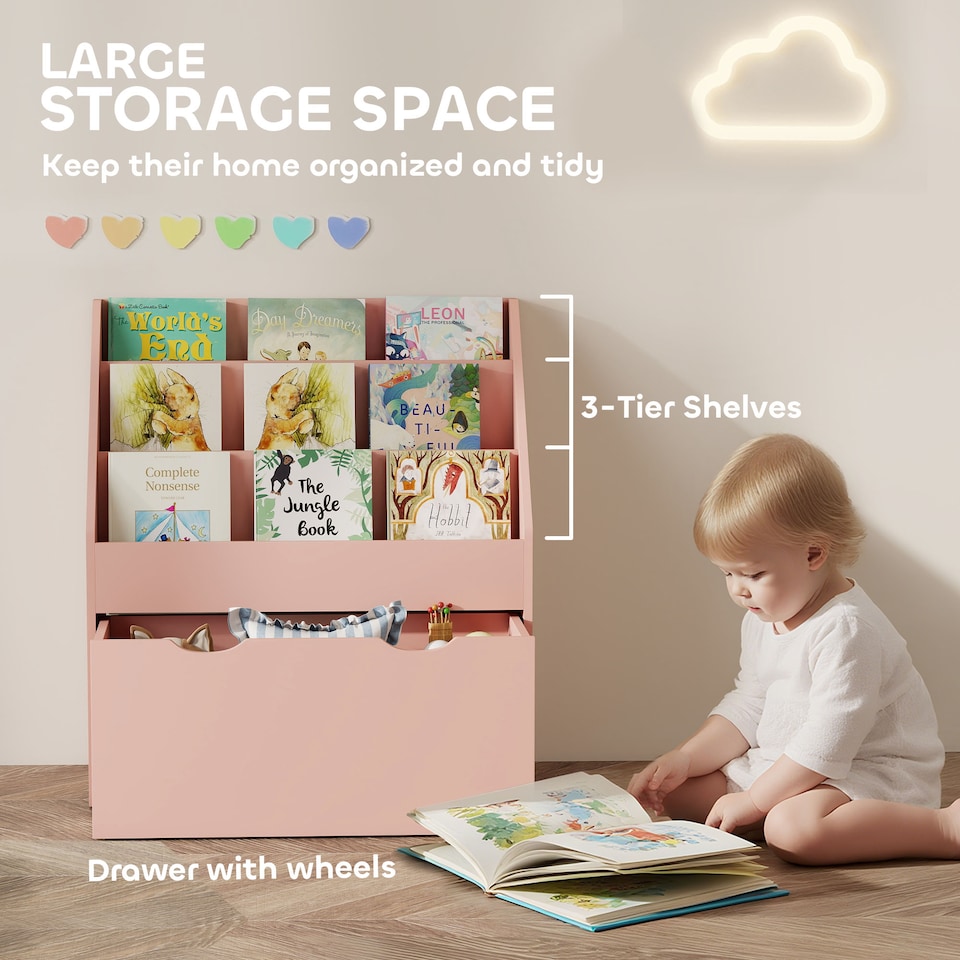 image 1 of AIYAPLAY Kids Bookcase w/ 3 Tier Shelves, Drawer, for Bedroom, Nursery, Pink