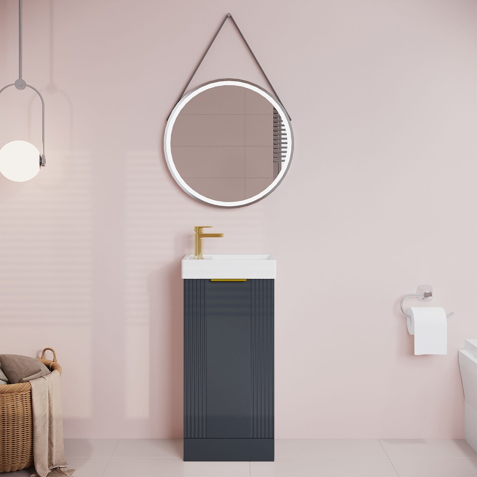 image 1 of Dark Grey 400mm Floor Standing Vanity Unit with Brushed Brass Handle | Grey | Satin Soft Black | 1