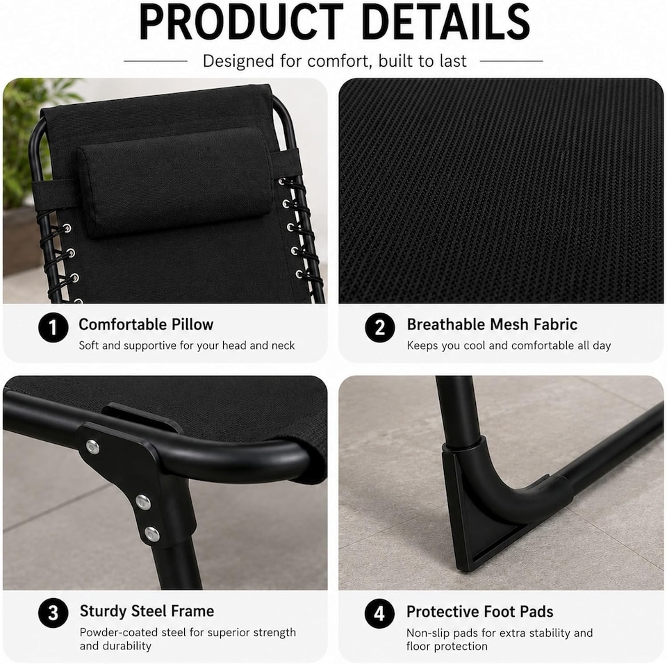 image 1 of Black Folding Sun Lounger with Adjustable Backrest - Portable Sunbed Chair, Steel Frame, Oxford Fabric, Garden Recliner Bed