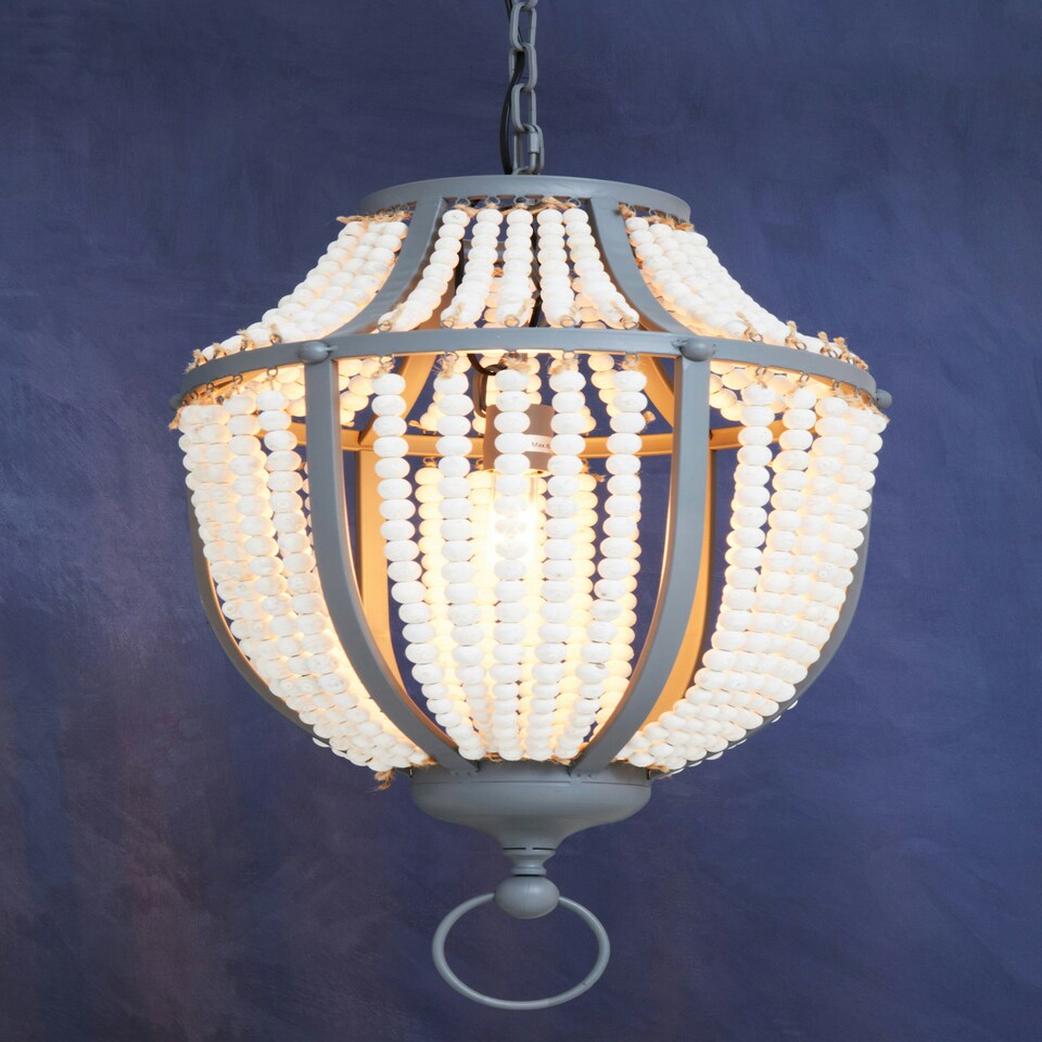 image 1 of Interiors by Premier White Grey Wooden Bead Chandelier, Rustic Boho Hanging Light Fixture, Handmade Basket Drop Pendant Grey