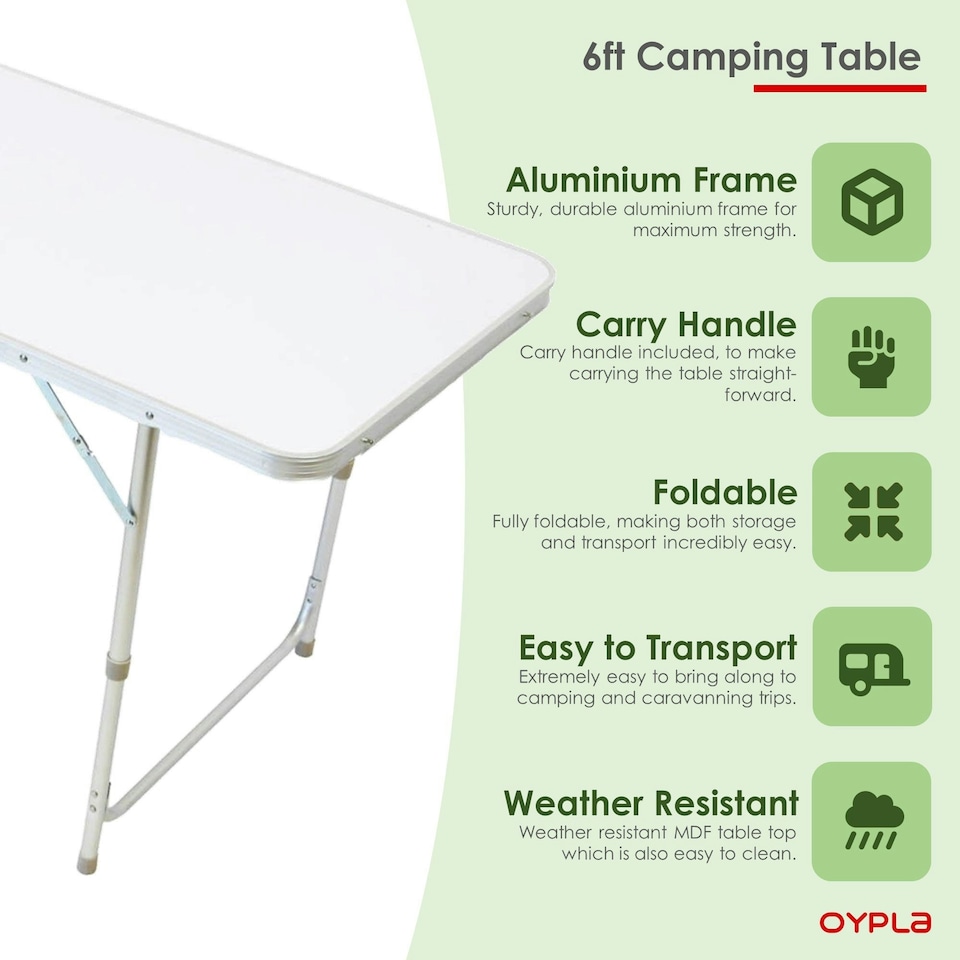 image 1 of Oypla 6ft Folding Outdoor Camping Picnic Market Kitchen Work Top Table White