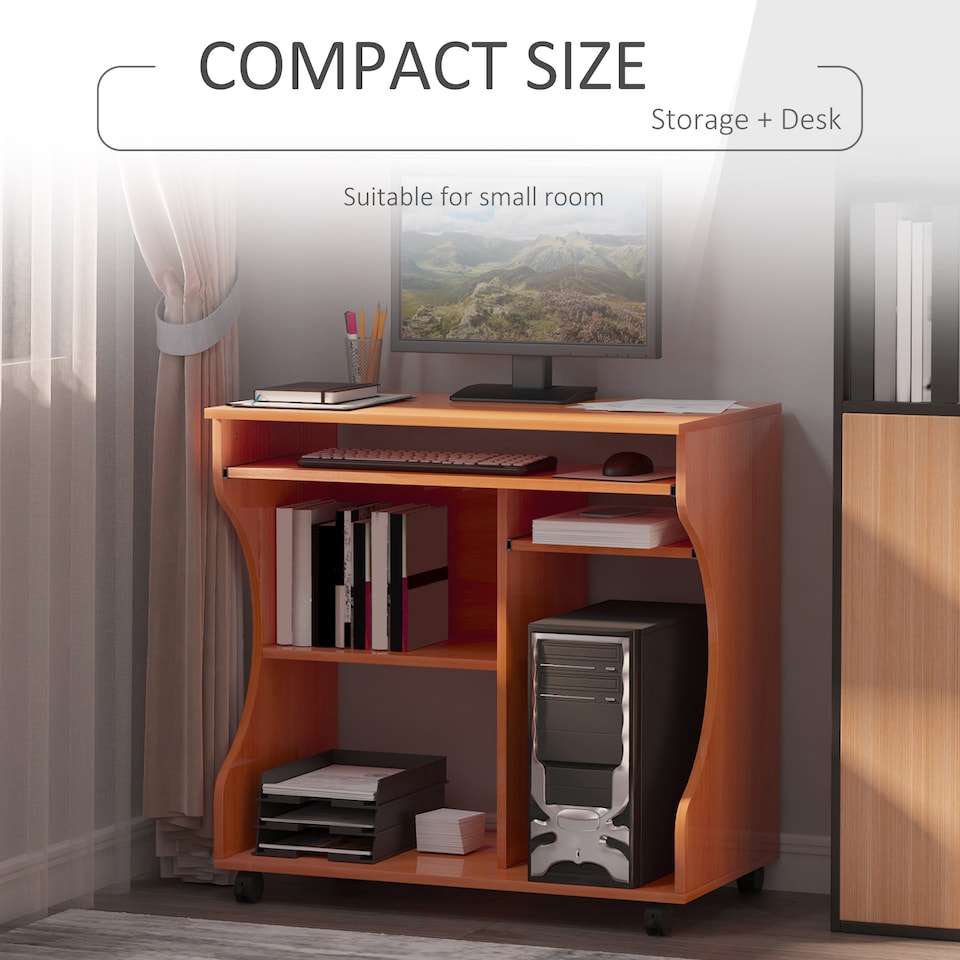 image 1 of HOMCOM Computer Desk with Sliding Keyboard Tray, Mobile Home Office Desk, Study Table with Storage Shelves, PC Desk on Wheels, Cherry Wood Colour