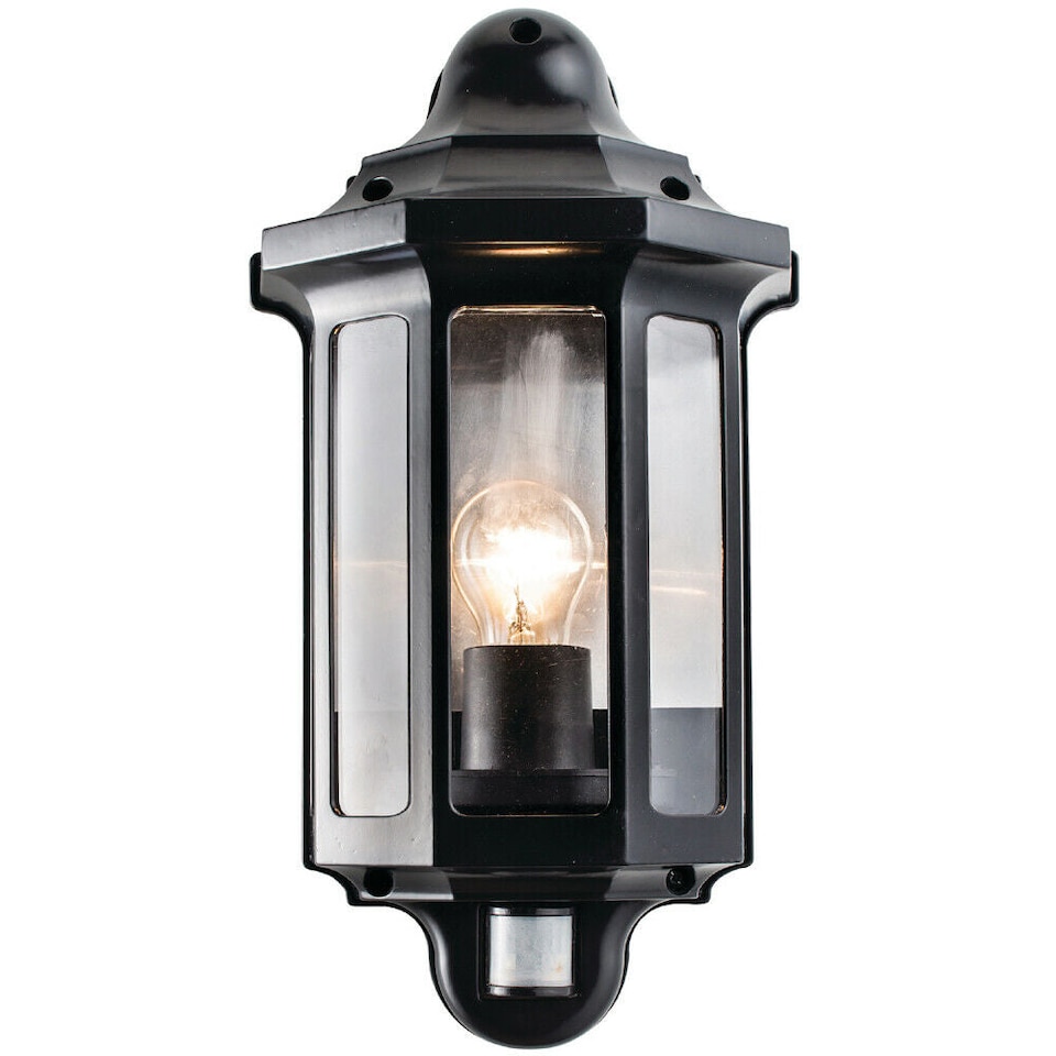 image 1 of IP44 Outdoor Wall Light Satin Black PIR Half Lantern Traditional Dimmable Porch
