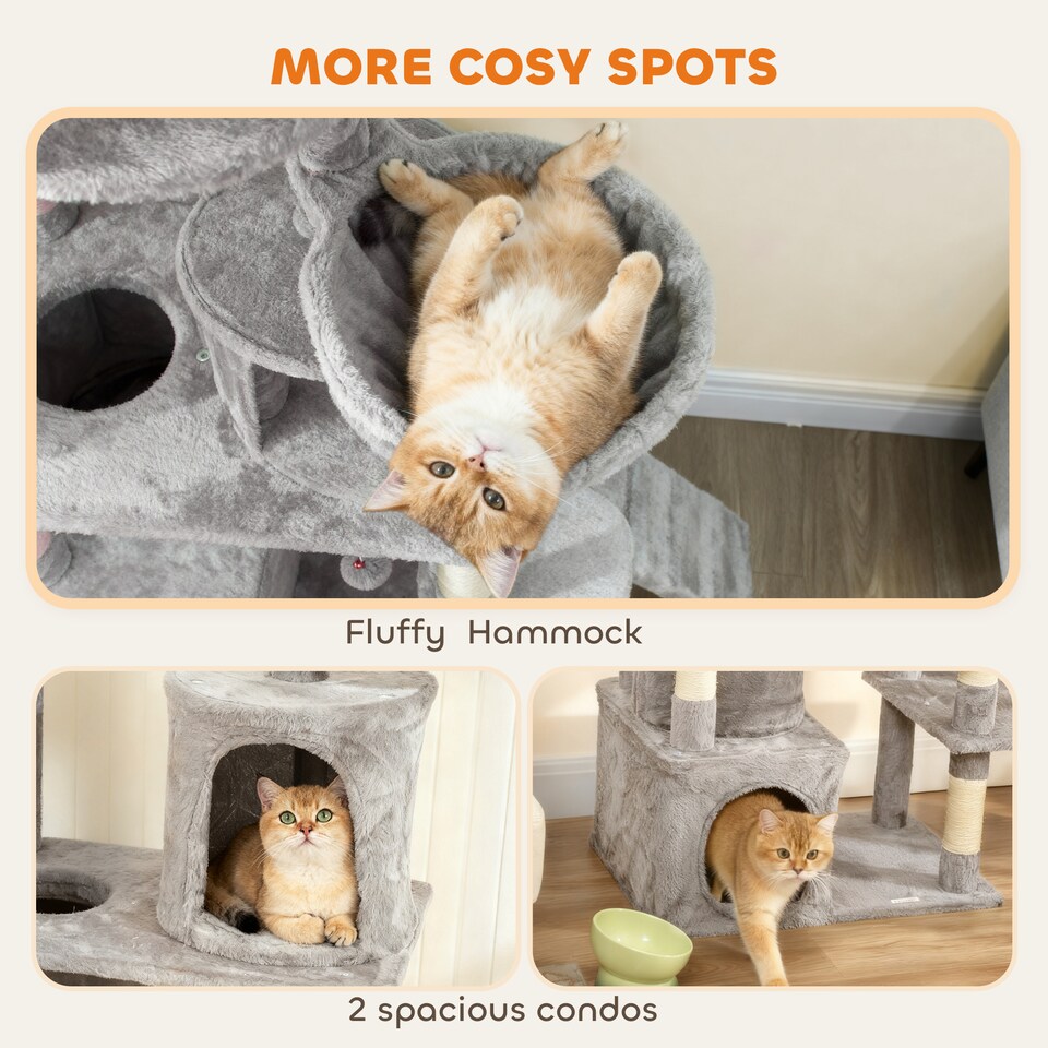 image 1 of PawHut Cat Tree, 170 cm Large Cat Tower with 7 Scratching Posts, 1 Tunnel, 2 Condos, 1 Hammock, 1 Perch, 1 Ramp, 3 Platforms, 2 Pompoms, Multi-Level Kitty House for Indoor Kittens, Light Grey
