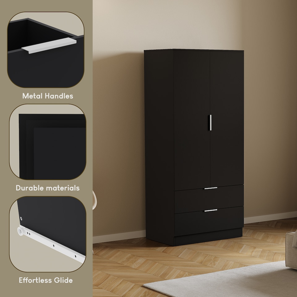 image 1 of Vida Designs Trega 2 Door 2 Drawer Wardrobe Bedroom Storage Unit with Clothes Rail, (H) 170cm x (W) 76cm x (D) 53cm, Black