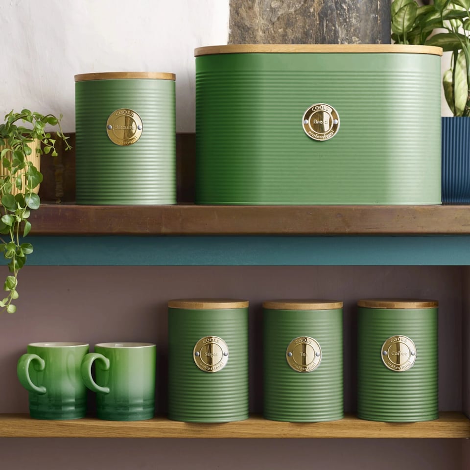 image 1 of Cooks Professional 5 Piece Ribbed Tea Coffee Sugar Bread & Biscuit Cannisters with Labels | Green | Green & Gold