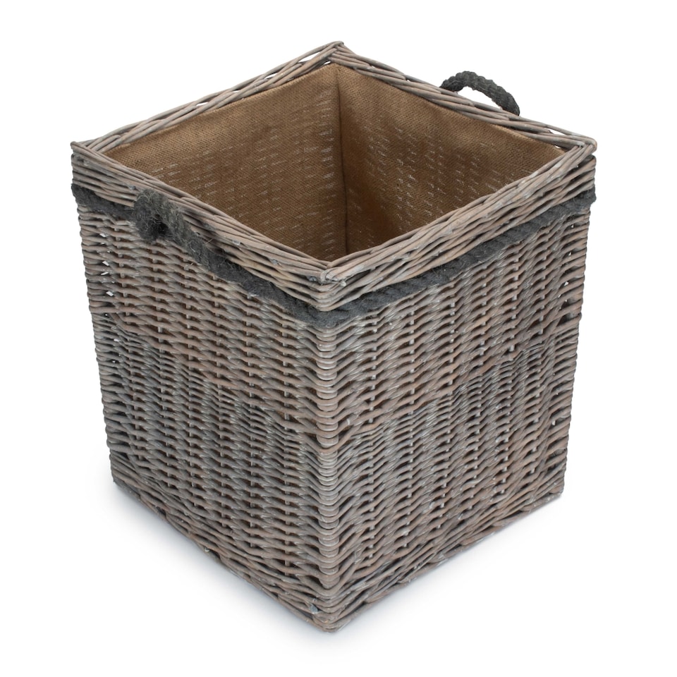 image 1 of Large Wicker Grey Wash Square Hessian Lined Log Basket | Grey | Grey | L