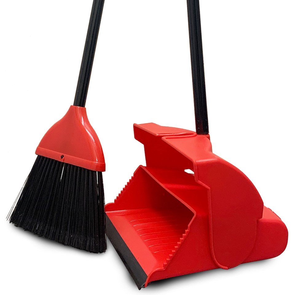 image 1 of Long Handled Dustpan and Brush Set Upright Sweeping Broom with Self Closing Lid