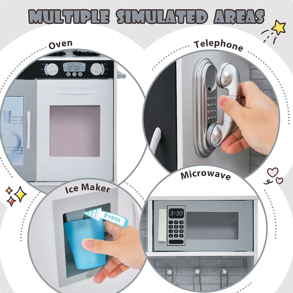 image 1 of COSTWAY Wooden Play Kitchen Kids Pretend Play Toy w/ Microwave Ice Make