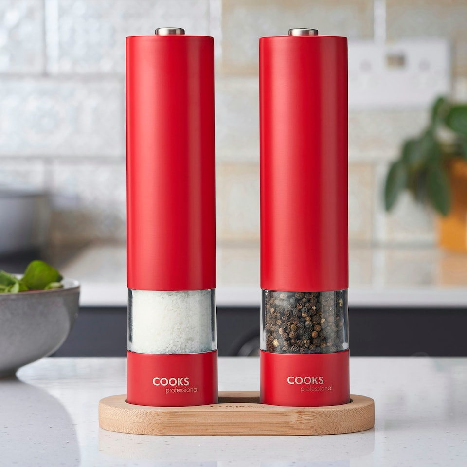 image 1 of Cooks Professional Electric Salt & Pepper Mill Set with Bamboo Base | Adjustable Grind Settings | Simple One-Button Operation | Red
