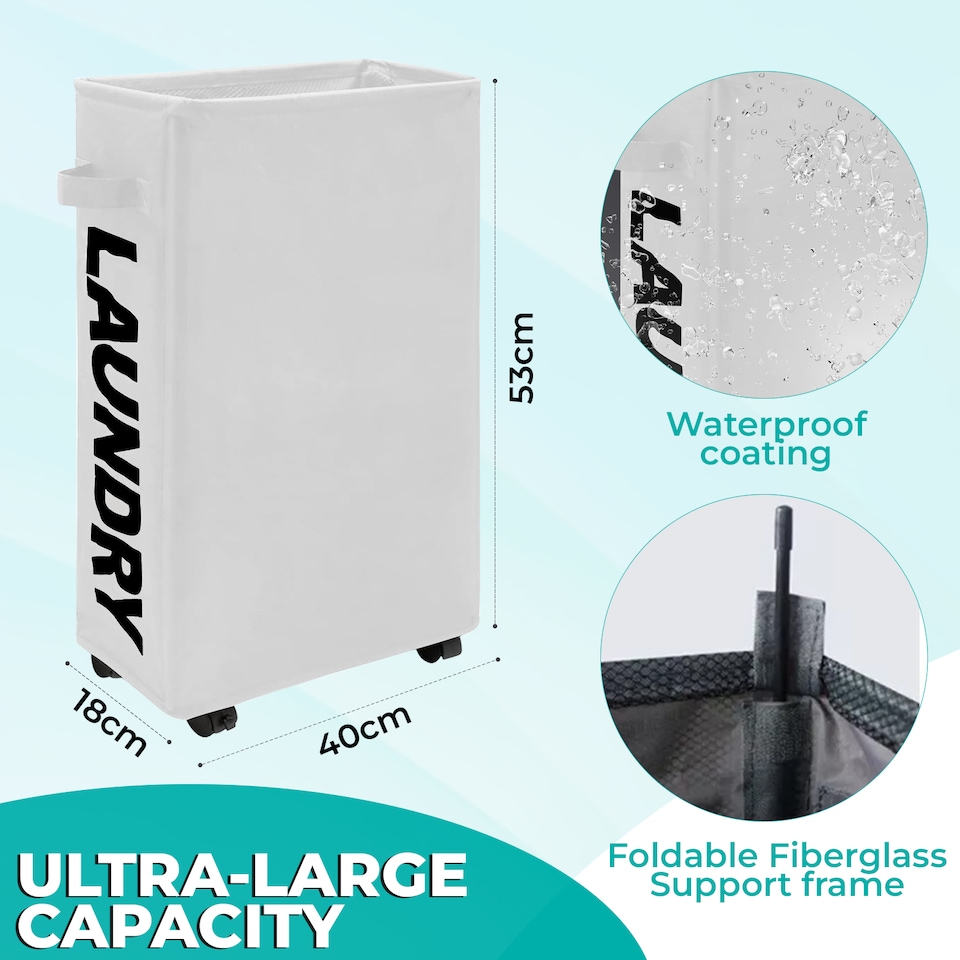 image 1 of 38L Slim Laundry Basket with Wheels, Rolling Laundry Hamper with Storage Bin