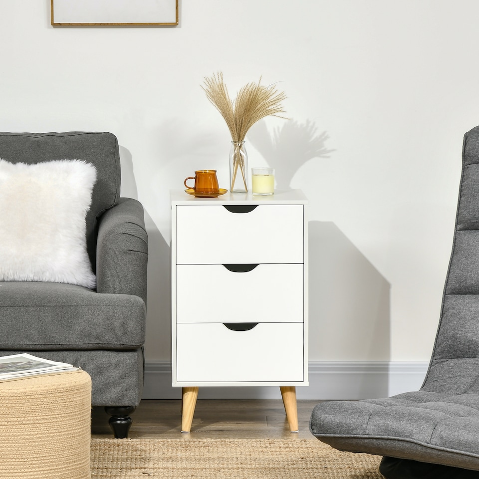 image 1 of HOMCOM Bedside Table, Bedside Cabinet with 3 Drawers, Side End Table with Pine Wood Legs for Bedroom Living Room, White