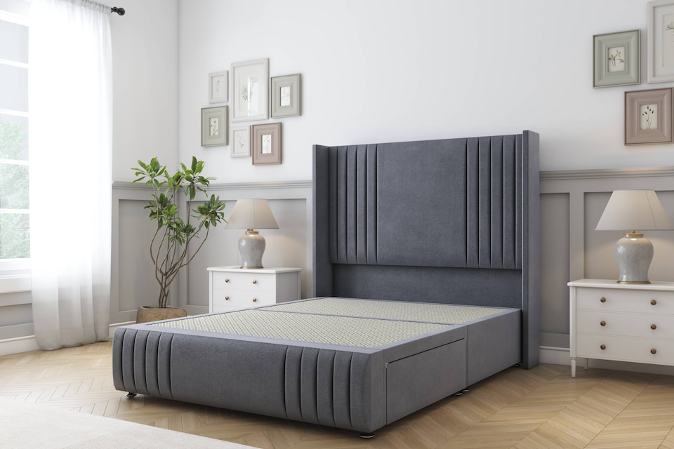 image 1 of Sloomy Camden Steel Plush Divan Bed Base No Drawers With 54 Inch Wingback Headboard & 12 Inch Matching Footboard | Grey | Steel | King | 1