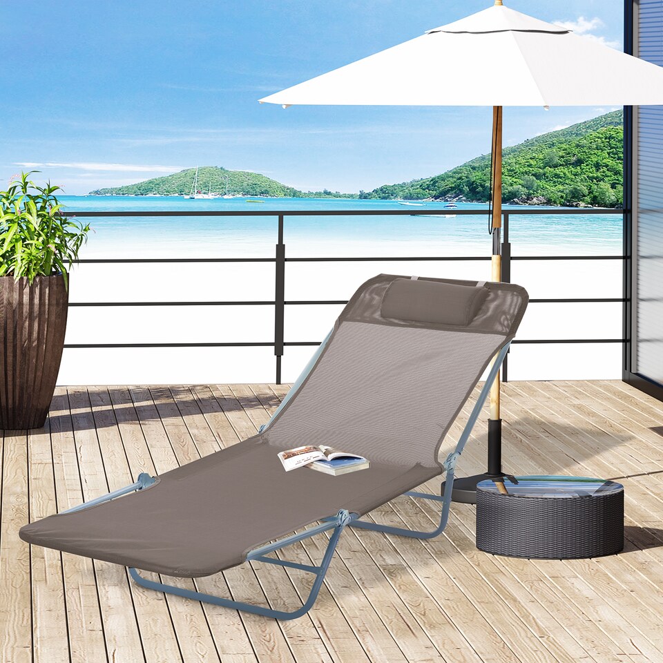 image 1 of Outsunny Folding Sun Lounger for Garden, Texteline Reclining Sun Bed with 5 Position Adjustable Backrest, Headrest, Portable Garden Lounger Recliner Chair for Beach, Patio, Camp, Coffee