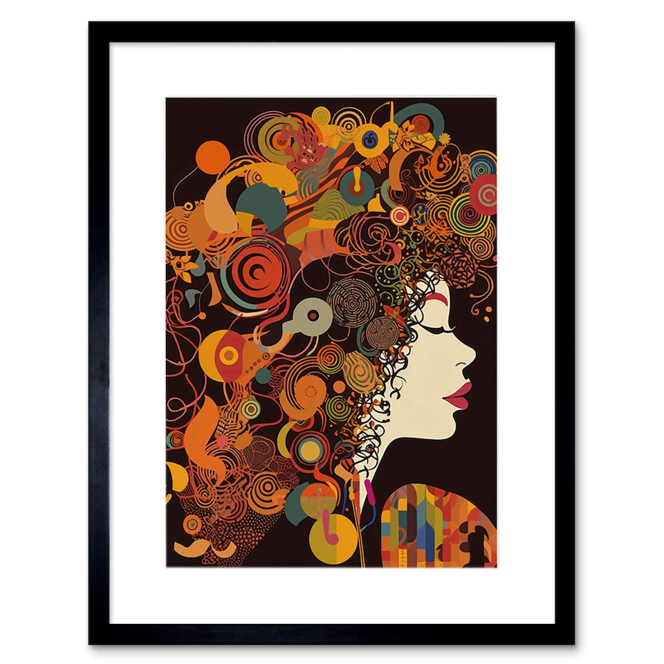 image 1 of Kandinsky Style Woman Portrait Modern Folk Art 9x7" Black Framed Wall Art Print