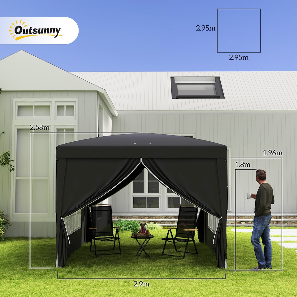 image 1 of Outsunny 3 x 3 m Garden Pop Up Gazebo, Wedding Party Tent Marquee, Water Resistant Awning Canopy with Sidewalls, Windows, Carry Bag | Black | Black