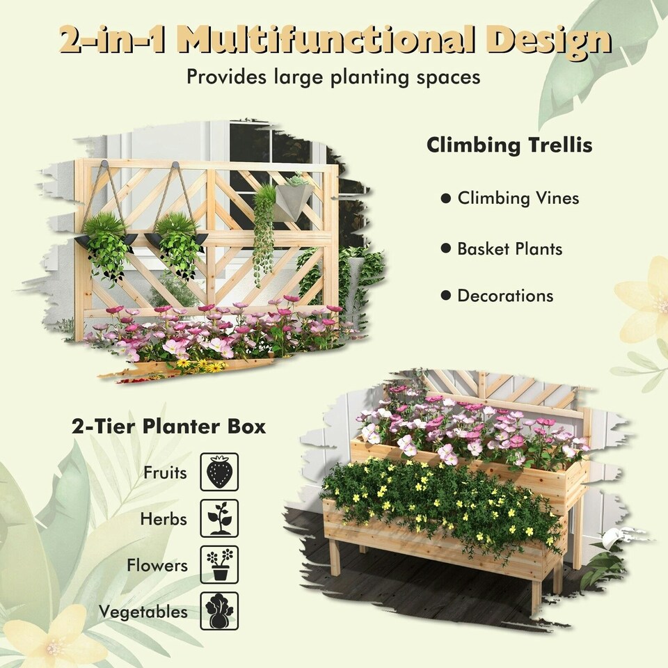 image 1 of COSTWAY Raised Garden Bed w/Trellis Elevated Planter Box Natural