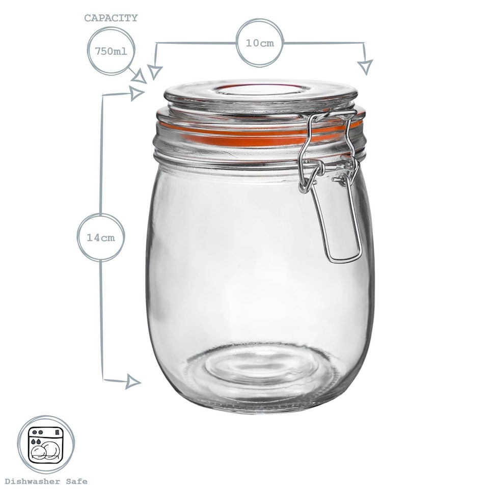 image 1 of Argon Tableware 6x Glass Storage Jar & Heart Labels Set - 750ml - 4 Seals Airtight Kitchen Storage Container Preserving Jar
