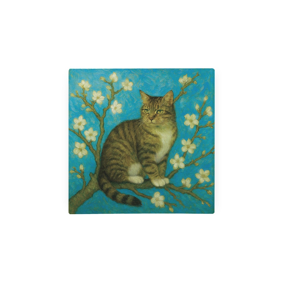 image 1 of Van Gogh Almond Blossoms Cat Glass Hot Pot Stand - Heat Resistant Non-Slip Trivet