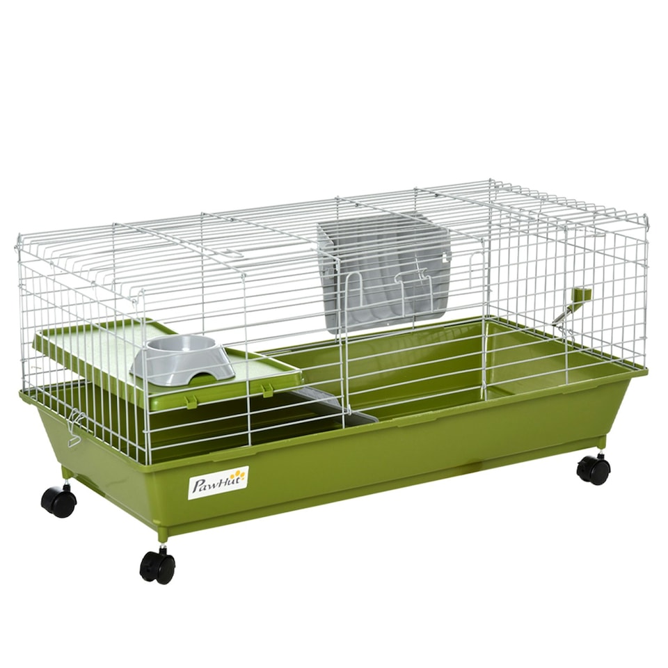 image 1 of PawHut 89cm Small Animal Cage for Rabbit Guinea Pig w/ Food Dish Green