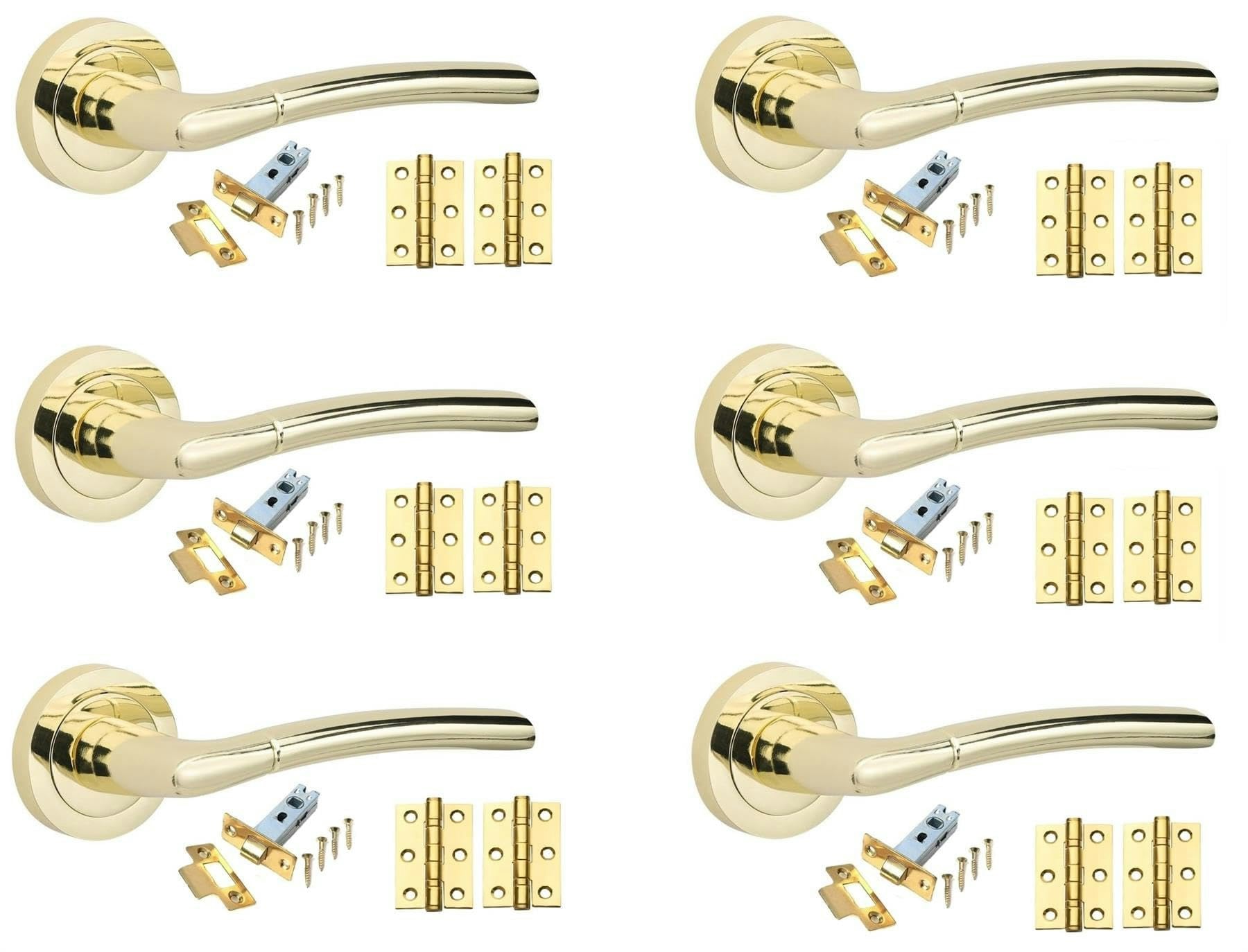 Golden Grace 6 Sets Indiana Design Door Handles in Polished Brass Finish with Tubular Latch and 1 Pair of 3" Ball Bearing Hinges Gold 6 Set